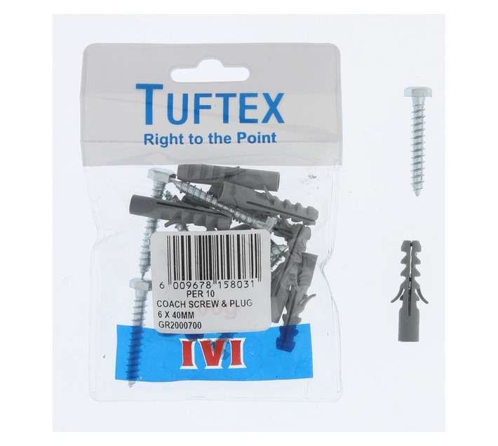 Tuftex 10 x Coach Screw and Plugs (6 x 40mm)