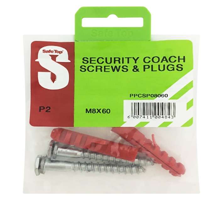 Safe Top 2 x Security Coach Screws and Plugs (8 x 60mm)