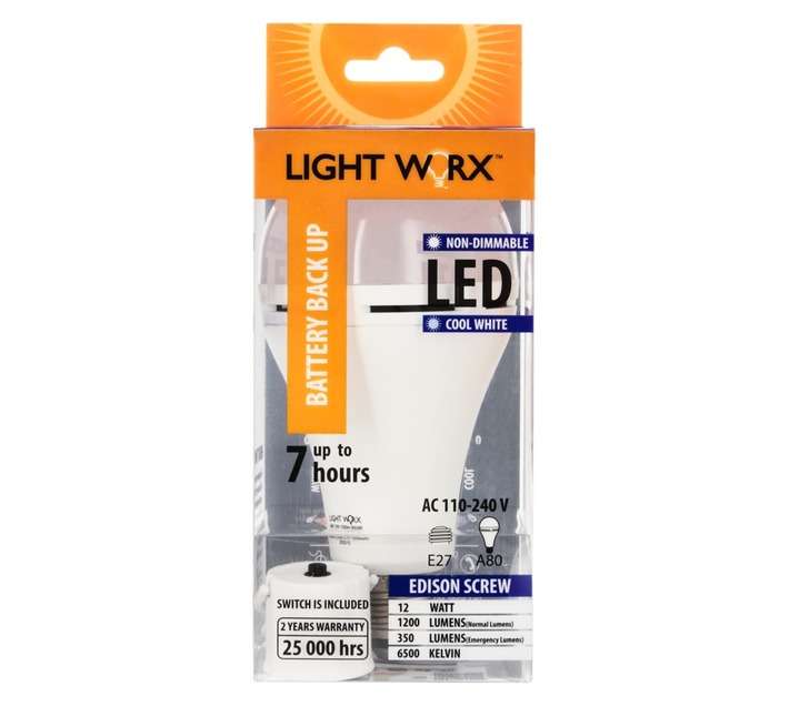 Lightworx A80 Battery Backup Globe - Cool White (12W)