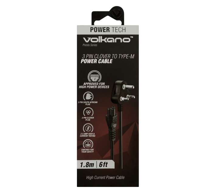 Volkano 3 Pin Clover Type M Power Cable - Black (1800mm)