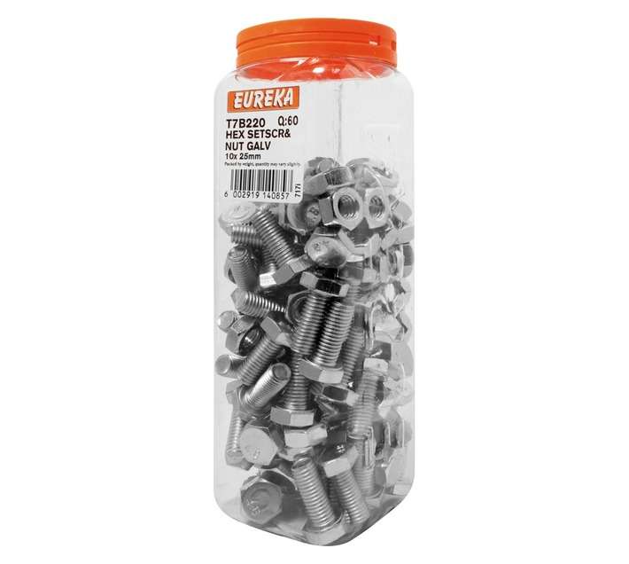 Eureka 10 x 25mm Galvanised Hex Set Screw and Nut (60 Pack)