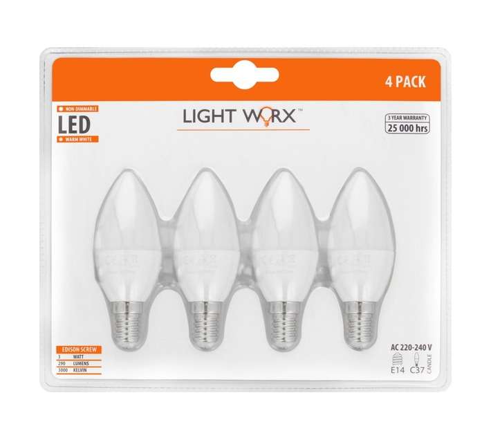 Lightworx 4 x LED E14 Candle Bulbs - Warm White (3w)