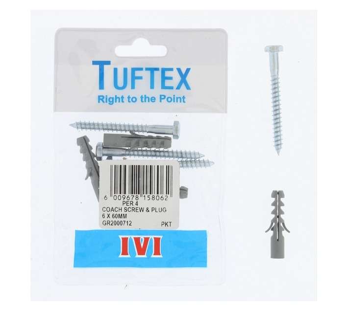 Tuftex 4 x Coach Screw and Plugs (6 x 60mm)