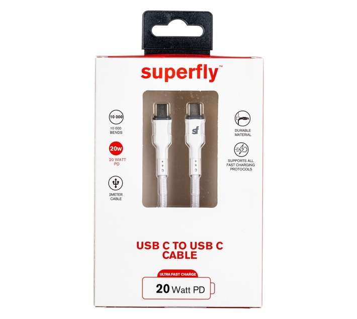 Superfly 2.4A Type C to Type C USB Cable - White (2000mm)
