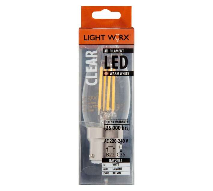 Lightworx LED B22 Filament Candle Bulbs - Clear (4w)