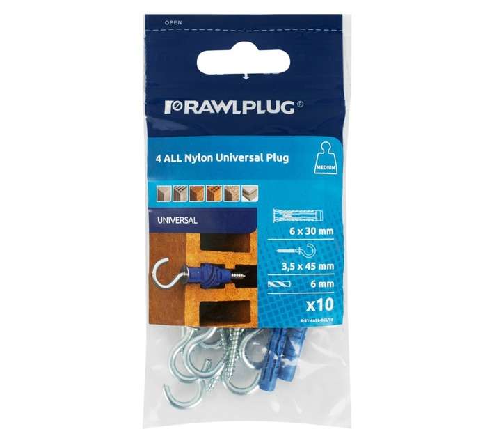 Rawlplug 10 x Universal Nylon Plugs and Hook - Silver (6 x 30mm)