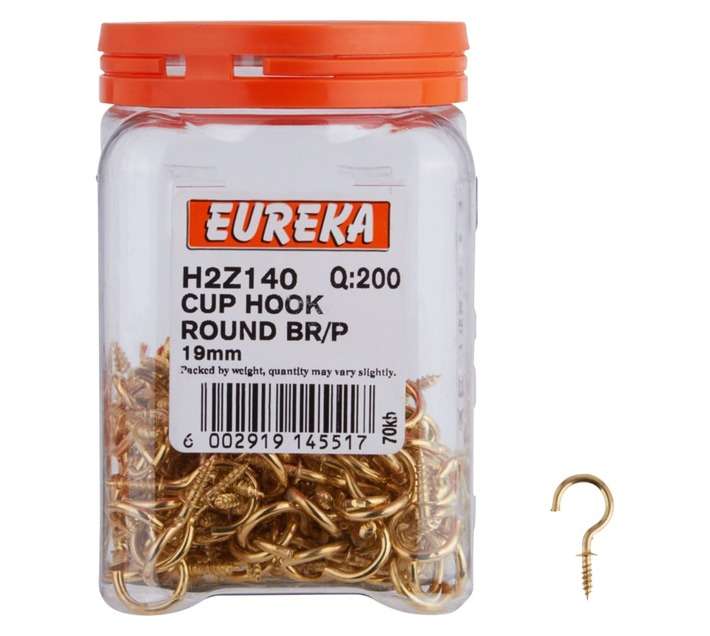 Eureka 200 x Brass Plated Round Cup Hooks (19mm)