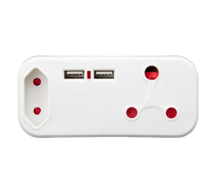 PowerWorx Adaptor 2way 16a/5a and 2.1a USB - White