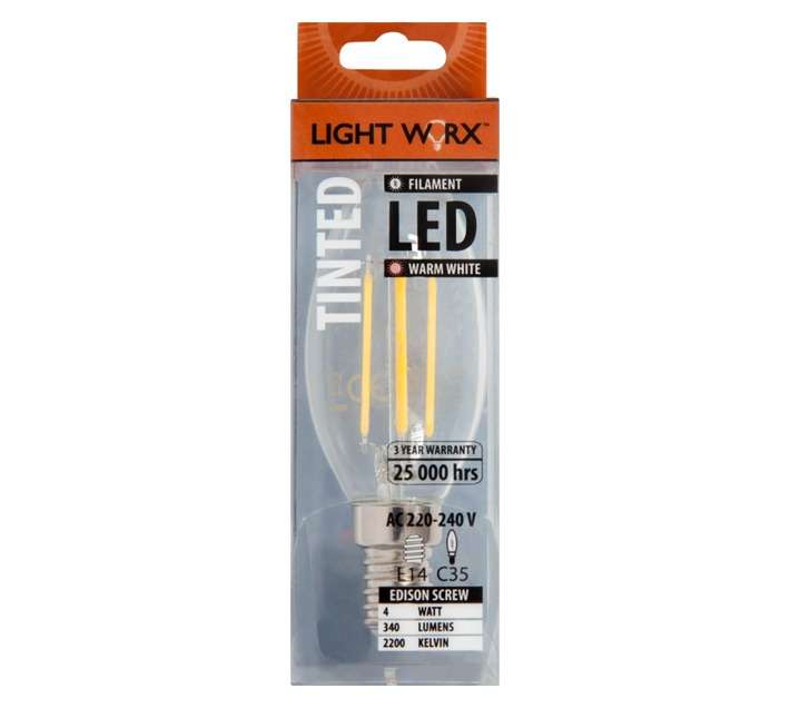 Lightworx LED E14 Filament Candle Bulbs - Amber (4w)