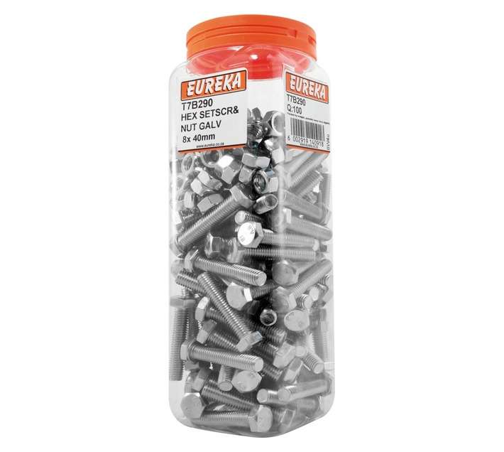 Eureka 8 x 40mm Galvanised Hex Set Screw and Nut (100 Pack)