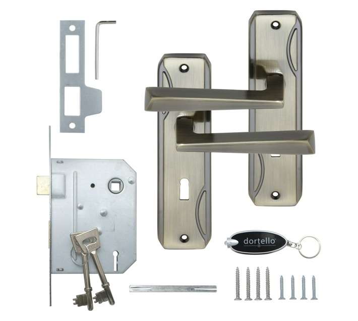 Dortello Palma Antique Plated 3 Lever Lockset with Handles - Brass
