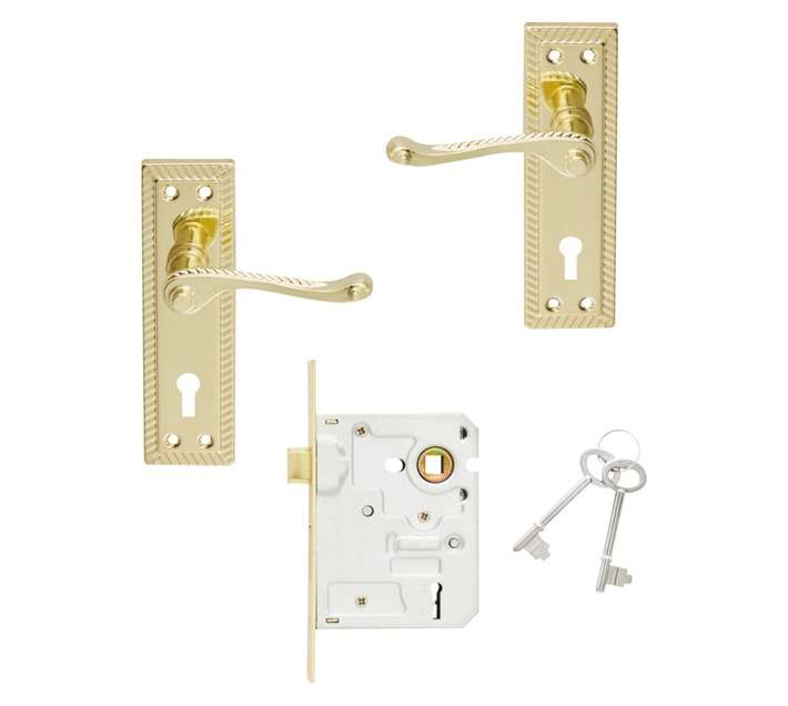 Mackie Georgian Handle Straight Plated Scroll Pro Series 2 Lever Brass Lock Set (250 x 160 x 60mm)