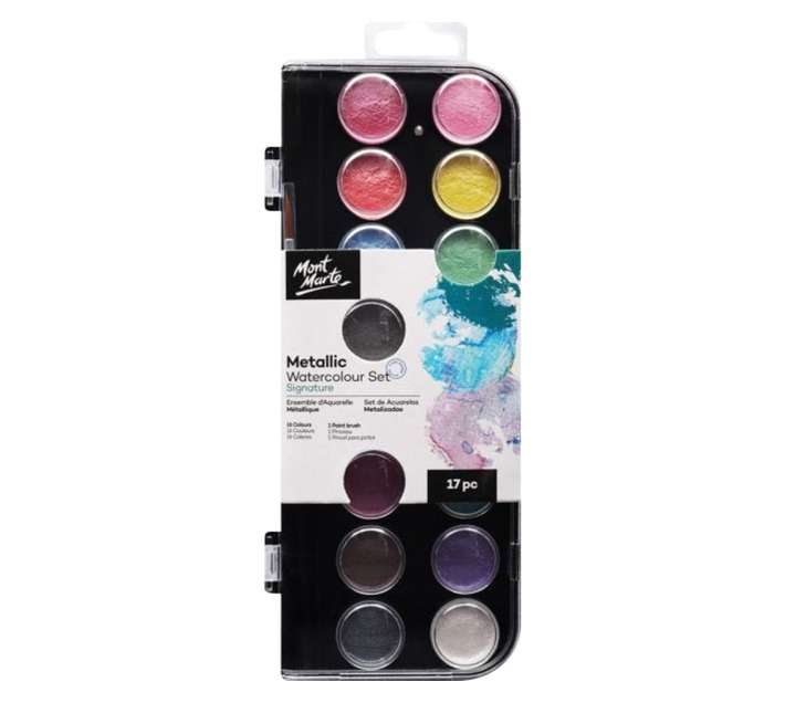 Mont Marte 17 Piece Metallic Water Colour Cake Paint Set - Assorted