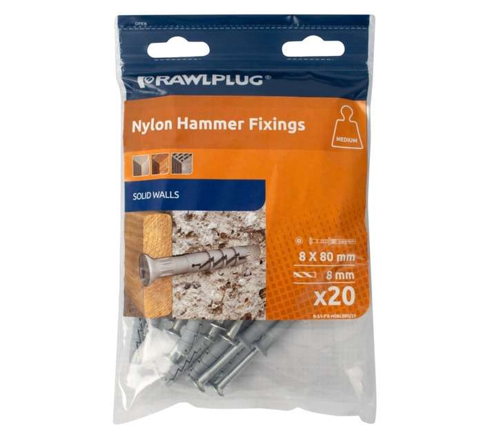 Rawlplug 20 x Nylon Hammer Fixings Screws (80 x 8mm)