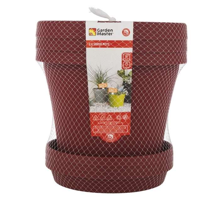 Garden Master 3 x Super Pots and Saucers - Dark Red (200mm)