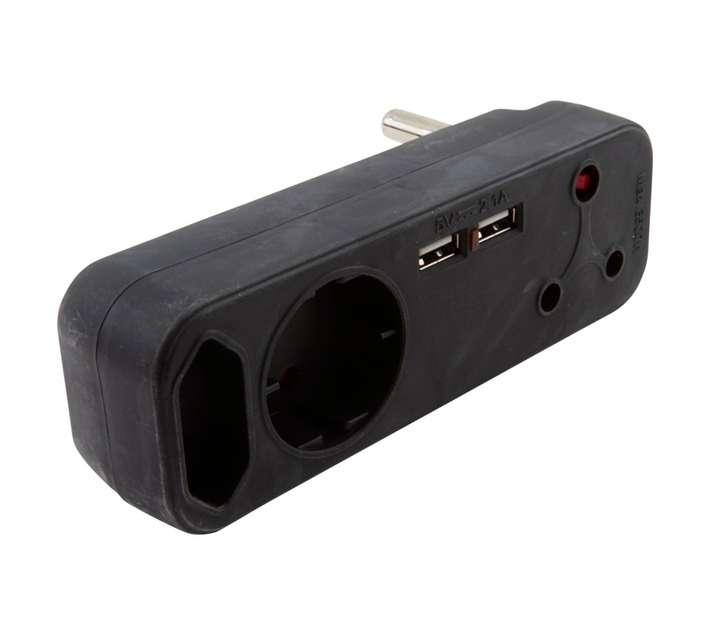 PowerWorx 5A Shucko and 2X 16A USB Euro Adaptors - Black