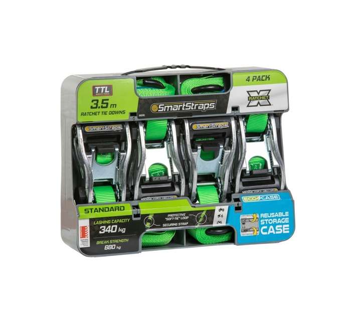 Smart Straps 4 x 340kg Lashing Capacity Ratchet Tie Downs - Green (3500mm)