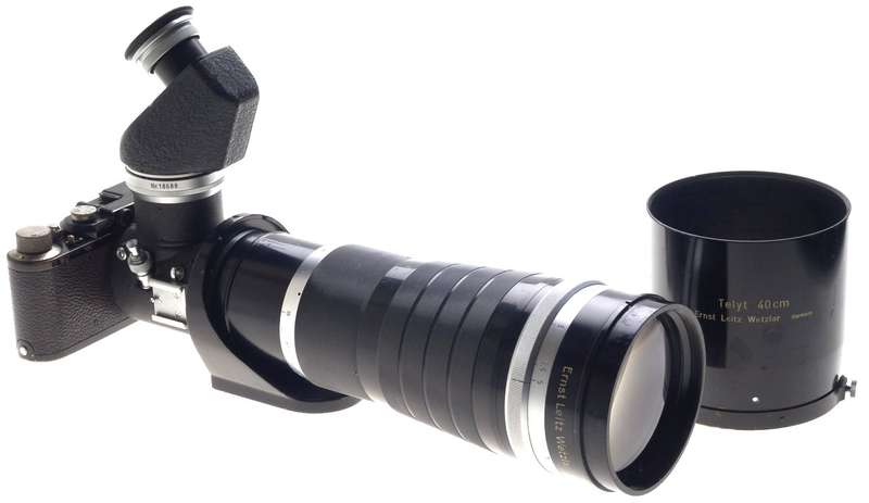 LEICA II BLACK PAINT RARE CAMERA LENS 5/400mm TELYT f=40 cm 1:5 REMOVABLE HOOD