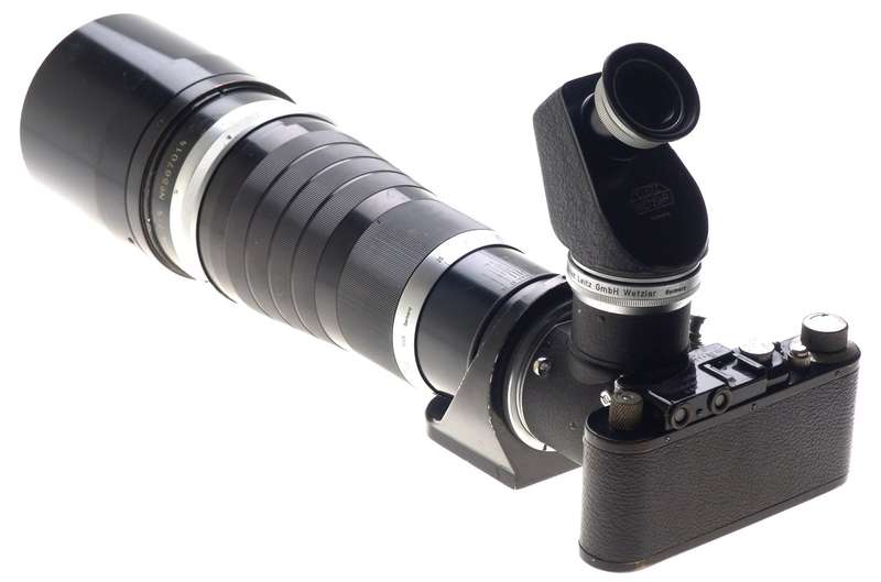 LEICA II BLACK PAINT RARE CAMERA LENS 5/400mm TELYT f=40 cm 1:5 REMOVABLE HOOD