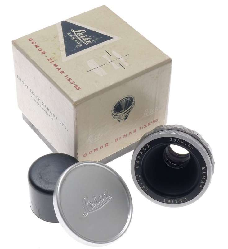 LEICA OCMOR ELMAR 3.5/65mm CANADA CAMERA LENS VISOFLEX BOXED CAPS CLEAN CHROME