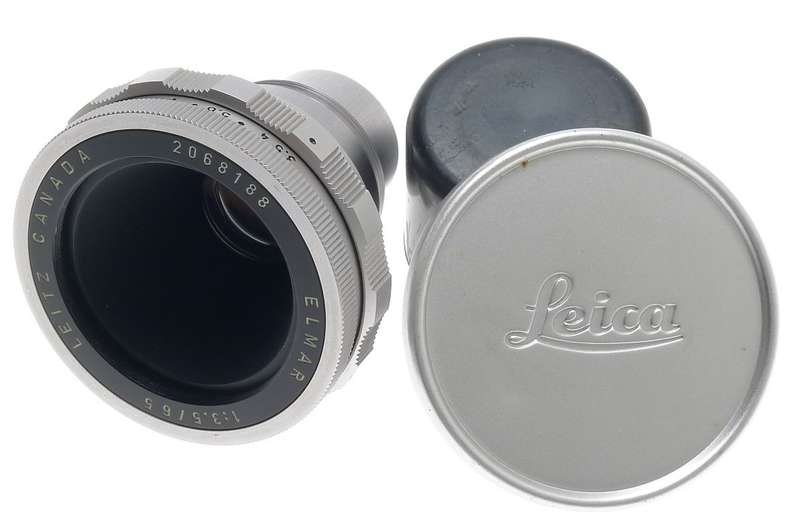 LEICA OCMOR ELMAR 3.5/65mm CANADA CAMERA LENS VISOFLEX BOXED CAPS CLEAN CHROME