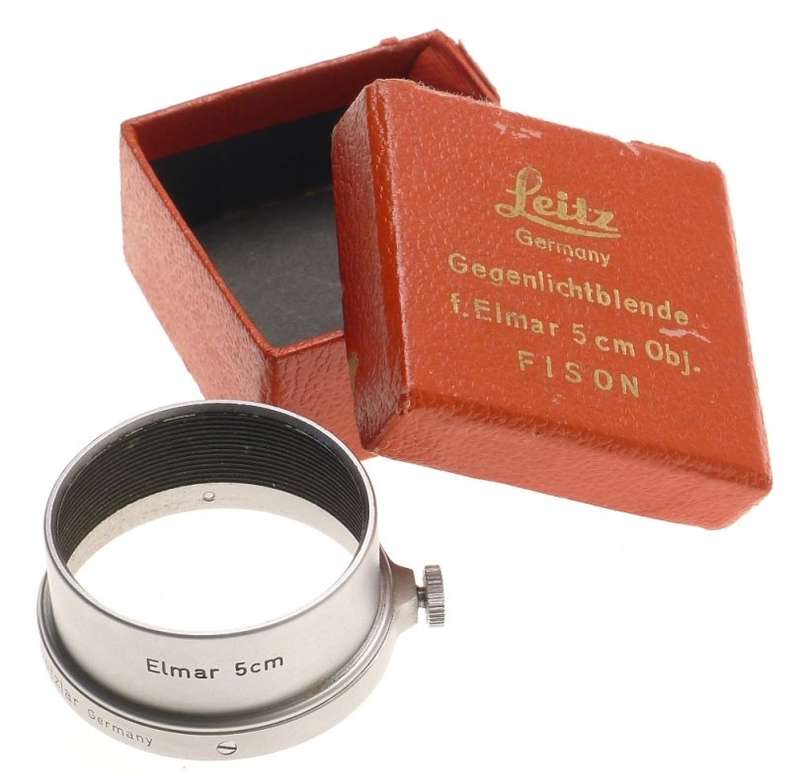 LEICA FISON BOX LEITZ ELMAR CHROME LENS HOOD SHADE RARE ELMAR 3.5/5cm LEITZ 5cm