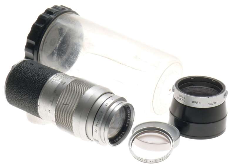 ELMAR 4/135mm LEICA-M MOUNT CHROME CAMERA LENS CAP GOOD OPTICS PRIME IUFOO HOOD