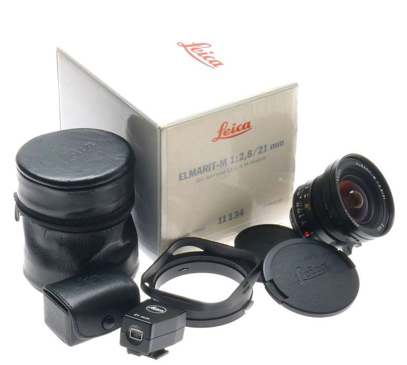 LEICA 11134 ELMARIT 1:2.8/21mm CAMERA LENS f=21mm VIEW FINDER 12543 HOOD BOX KIT