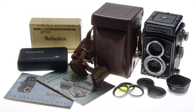 ROLLEICORD TLR CAMERA KIT XENAR 3.5/75mm ROLLEIKIN CASE HOOD CAP FILTER MANUALS