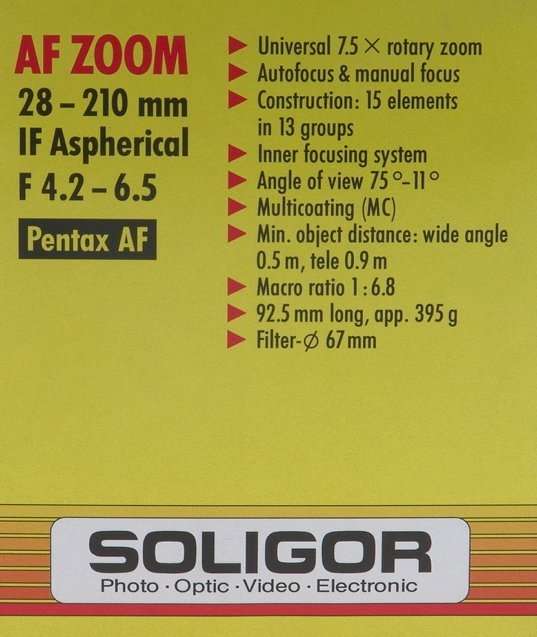 SOLIGOR PENTAX NEW BOX AF ASPHERICAL 28-210mm IF LENS