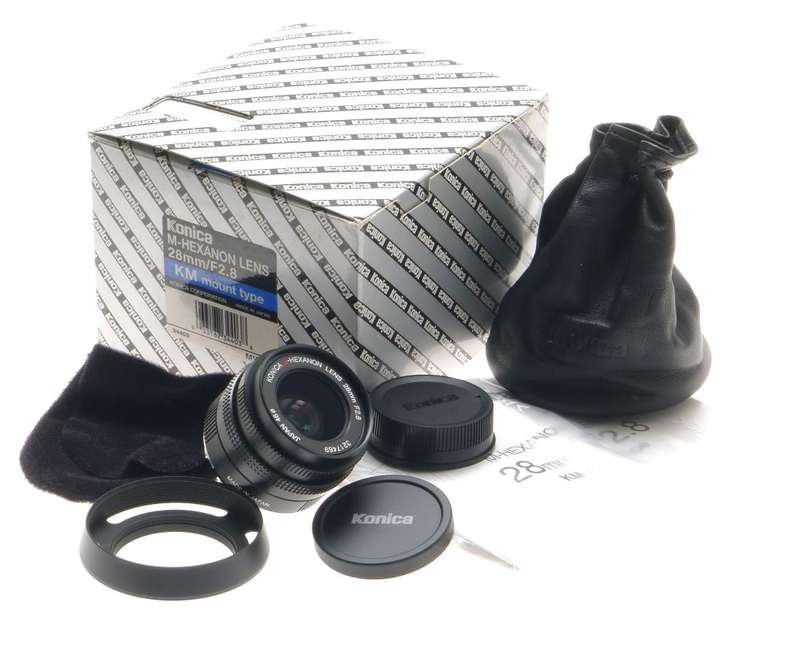 KONICA M-HEXANON LEICA 28mm F/2.8 KM LEICA MOUNT BOX CASE HOOD CAPS NEW 1:2.8/28