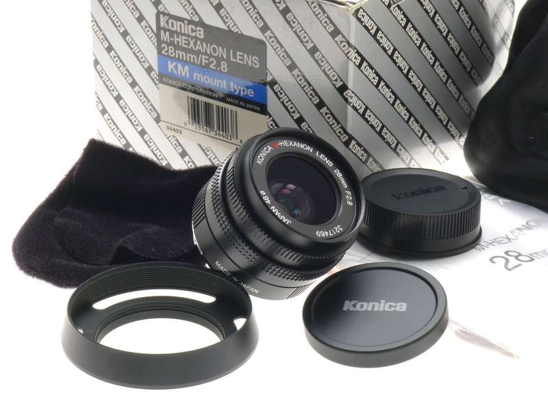 KONICA M-HEXANON LEICA 28mm F/2.8 KM LEICA MOUNT BOX CASE HOOD CAPS NEW 1:2.8/28