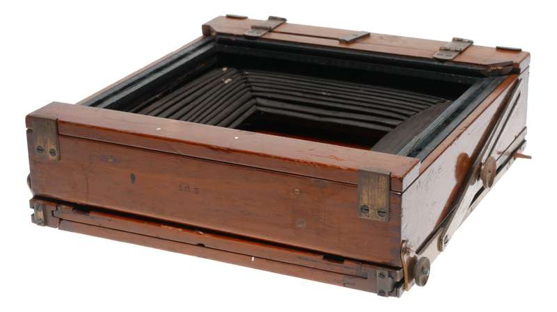 Large format wood vintage bellows folding camera frame used parts box