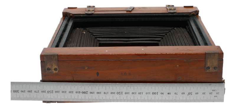 Large format wood vintage bellows folding camera frame used parts box