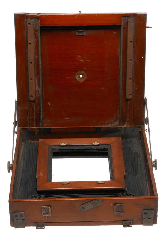 Large format wood vintage bellows folding camera frame used parts box