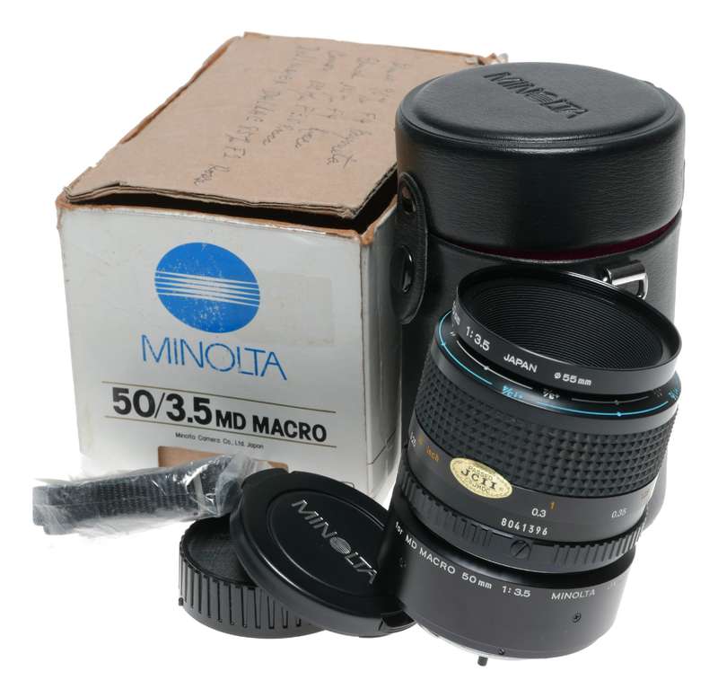 Minolta 50/3.5 MD Macro boxed vintage SLR film camera lens