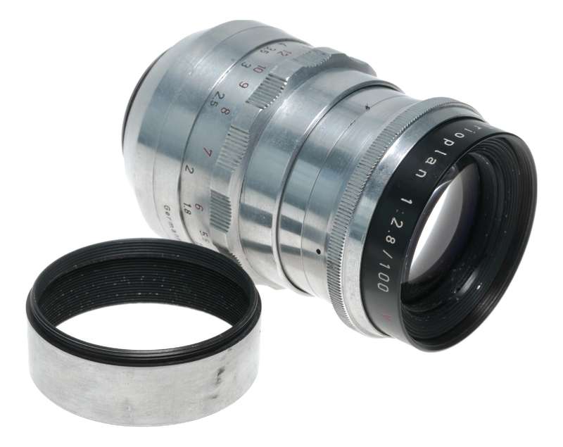 Trioplan 1:2.8/100 red V f=100mm prime f/3.5 chrome hood clean M42