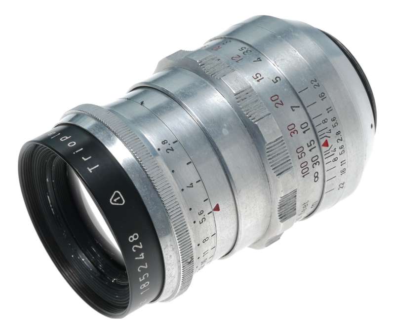 Trioplan 1:2.8/100 red V f=100mm prime f/3.5 chrome hood clean M42