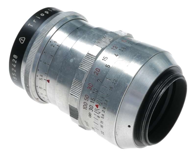 Trioplan 1:2.8/100 red V f=100mm prime f/3.5 chrome hood clean M42