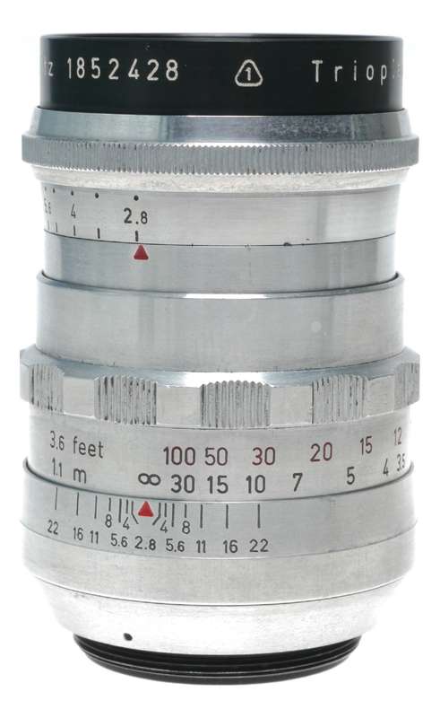 Trioplan 1:2.8/100 red V f=100mm prime f/3.5 chrome hood clean M42