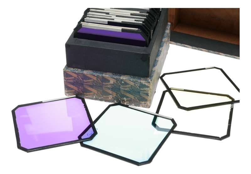 Large set of various color glass filters heavy box 120x120mm quality