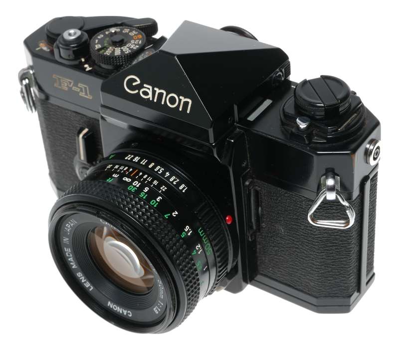 Canon F-1 SLR black 35mm film camera FD 1.8 F=50mm case cap set