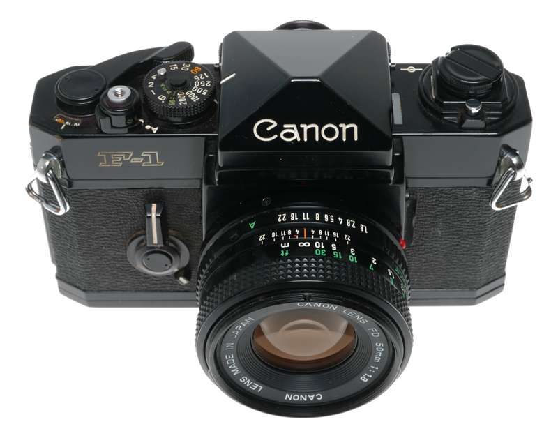 Canon F-1 SLR black 35mm film camera FD 1.8 F=50mm case cap set