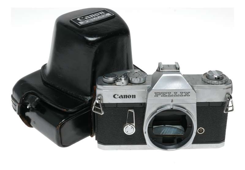 Canon Pellix SLR 35mm chrome film camera body black leather case