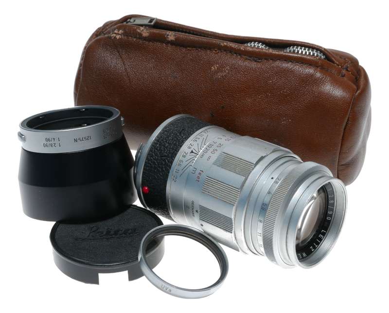 Elmarit 2.8/90mm Leica M Leitz camera lens with hood caps and filter set
