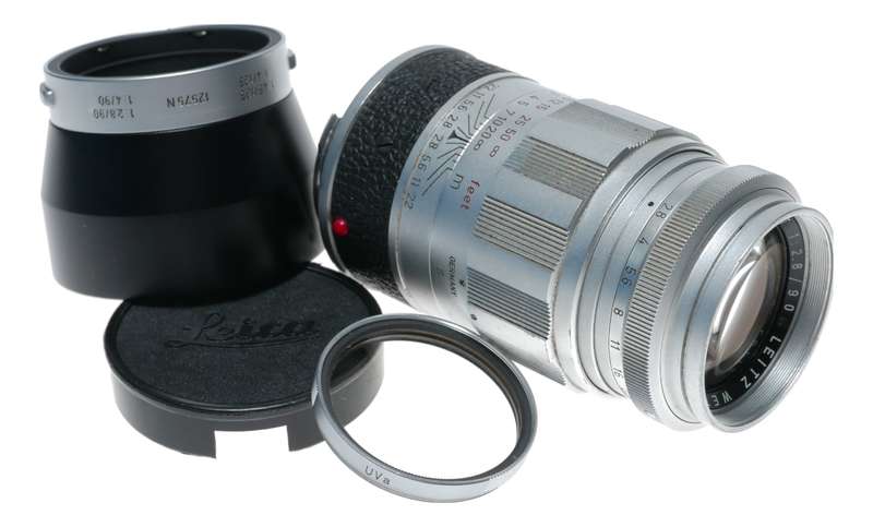 Elmarit 2.8/90mm Leica M Leitz camera lens with hood caps and filter set