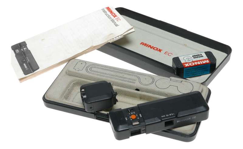 Minox EC black spy camera with flash accessory box and manual