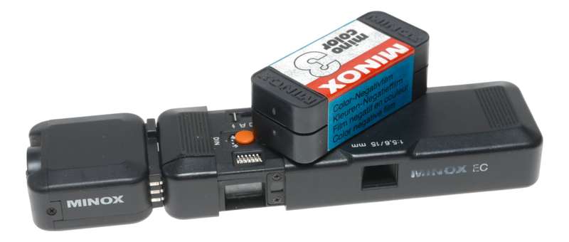 Minox EC black spy camera with flash accessory box and manual