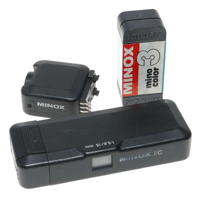 Minox EC black spy camera with flash accessory box and manual