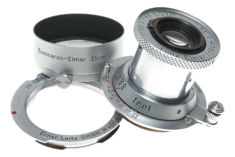 Leitz Elmar Red Scale 1:3.5 f=5cm M39 RF coupled with M adapter hood